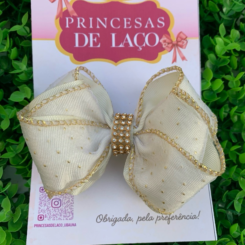 Laço de Cabelo Infantil Champagne Dourado com Bico de Pato Luxo Brilho Strass Elegante