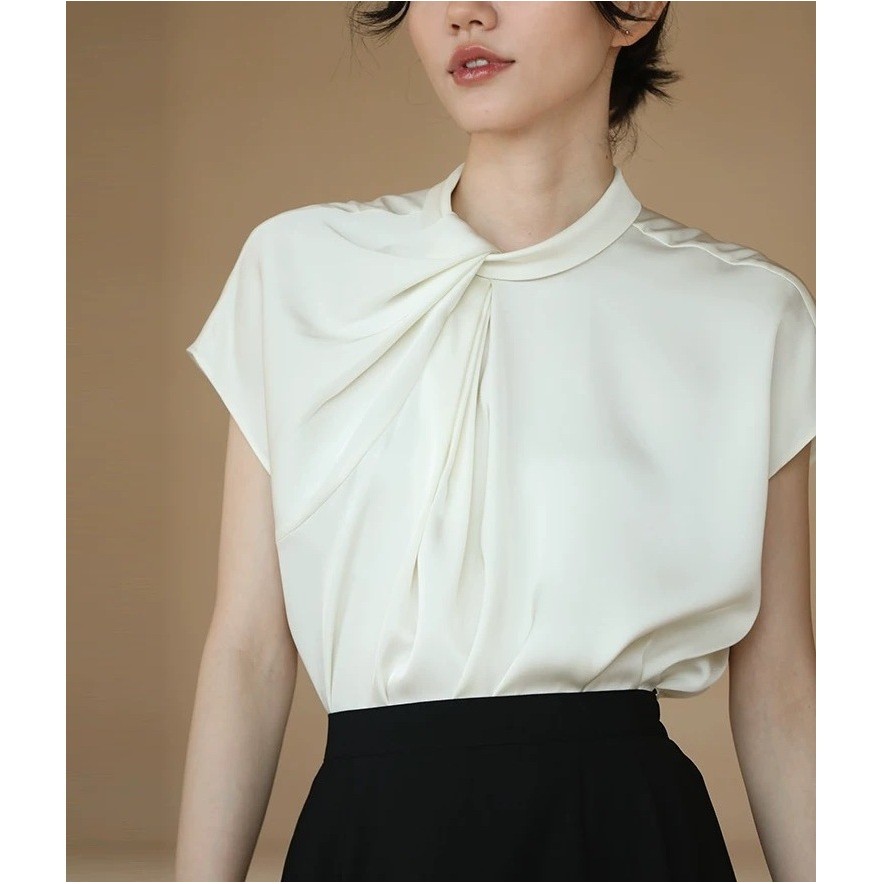 Summer new style pearl bubble champagne design with three-dimensional pleats, elegant commuter top