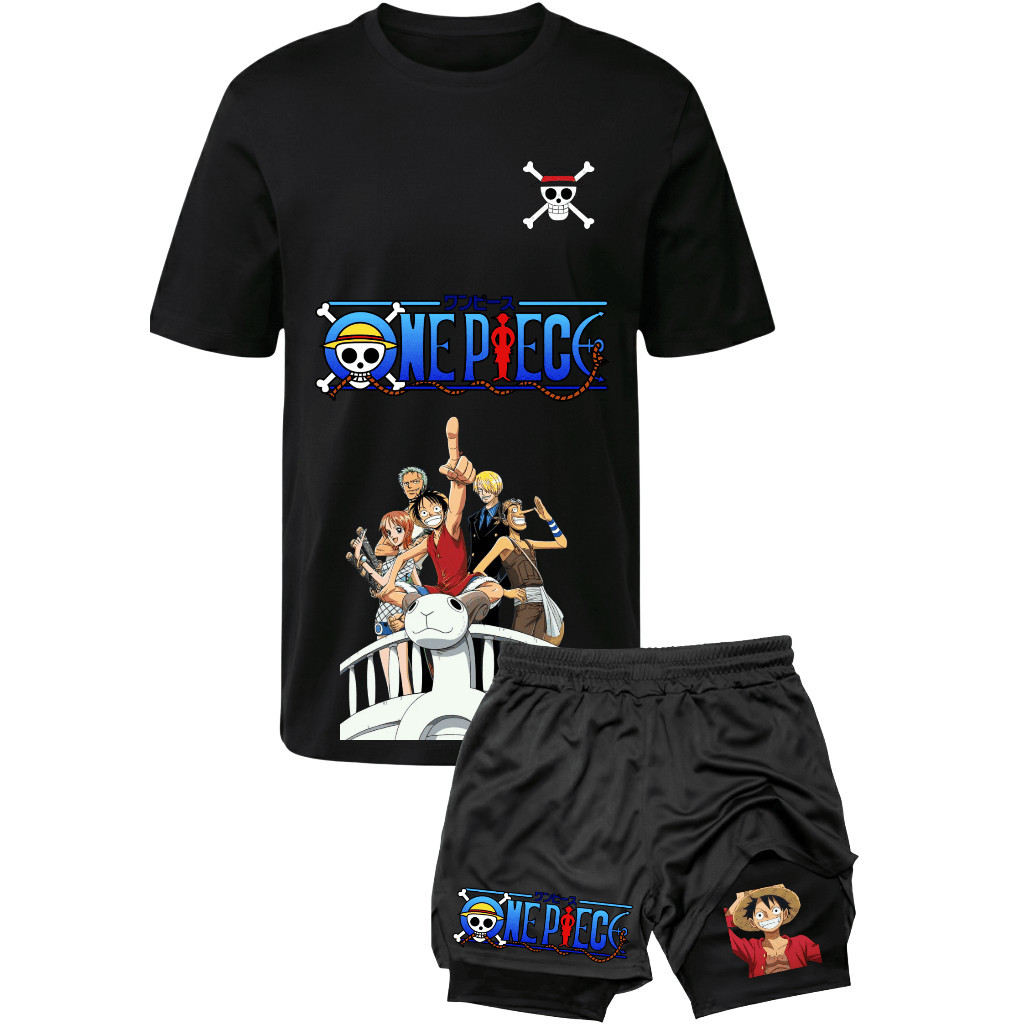 Kit Camiseta de Algodão + Short 2 em 1 Compressão One Piece Luffy Dry Fit Treino Fitness Aacdemia Gym