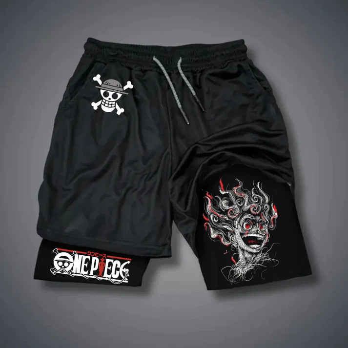 Short Compressão 2 Em 1 Luffy One Piece Anime Dryfit Gym Unissex Com Bolsos Internos