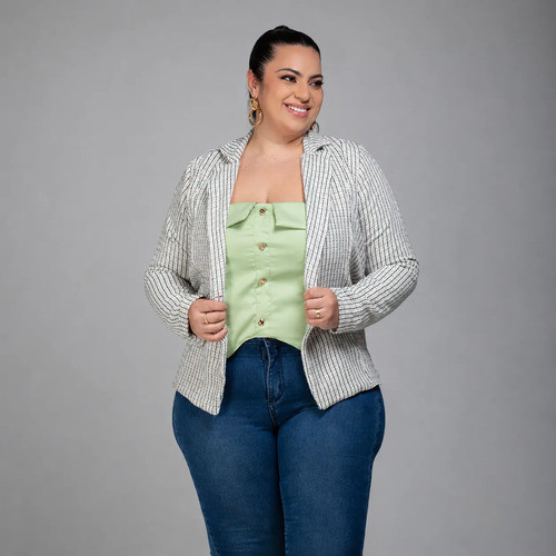 Blazer  Plus Size Casaco Feminino Tweed Listrado Elegante Casual