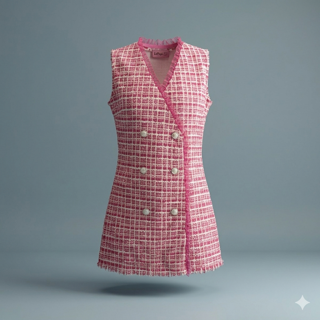 Vestido Infantil Rosa Tweed Poliamida Curto Inverno Menina