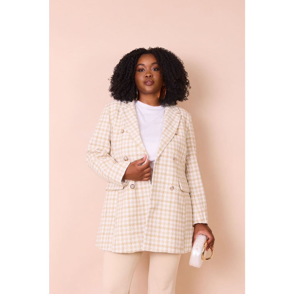Blazer Feminino Plus Size Xadrez Tweed Alongado Elegante Botões Chique Moderno Inverno Poliéster