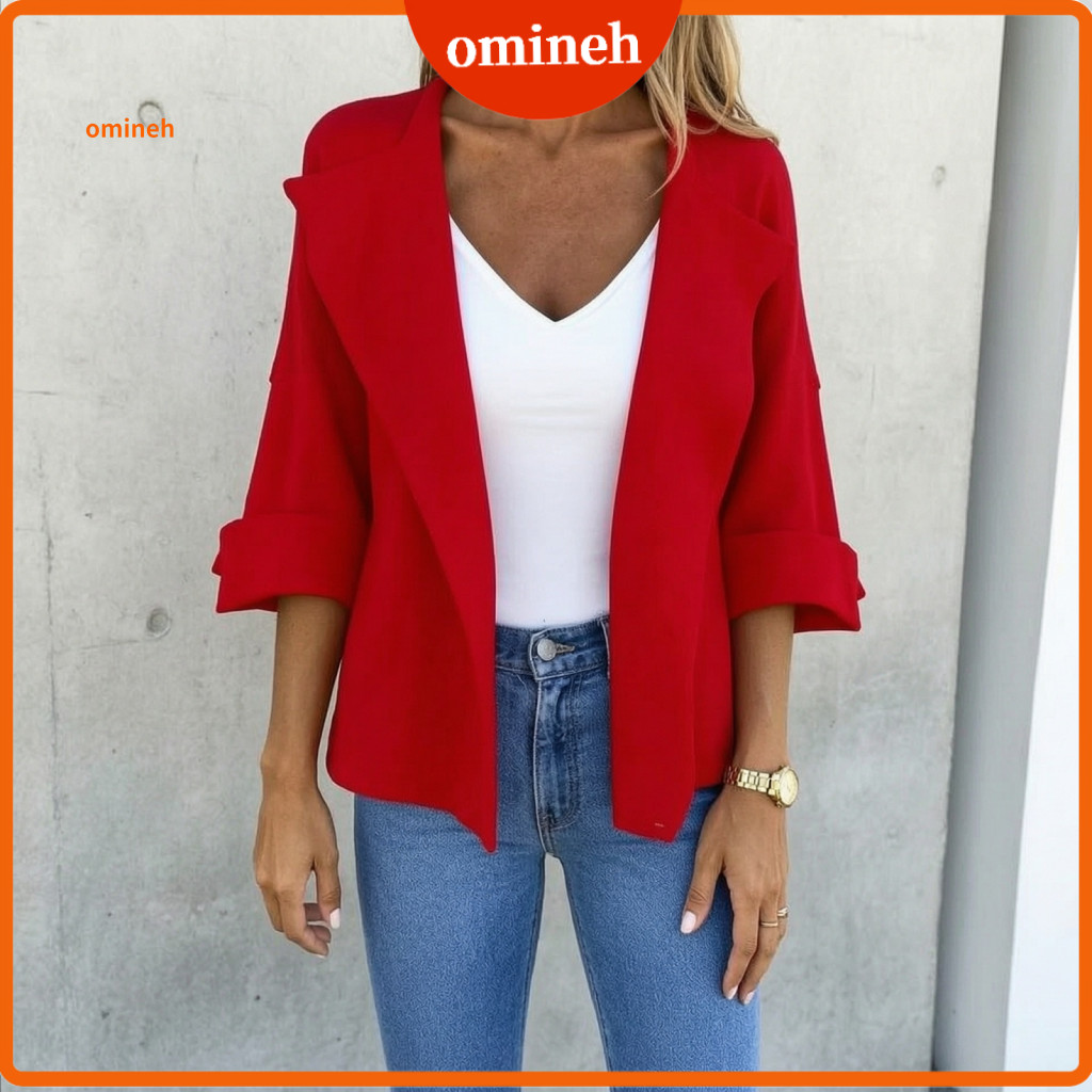 Lightweight Autumn Blazers Three Quarter Sleeve Women’s Lapel Collar Blazer 3/4 Open Front Short Suit Jacket Business
