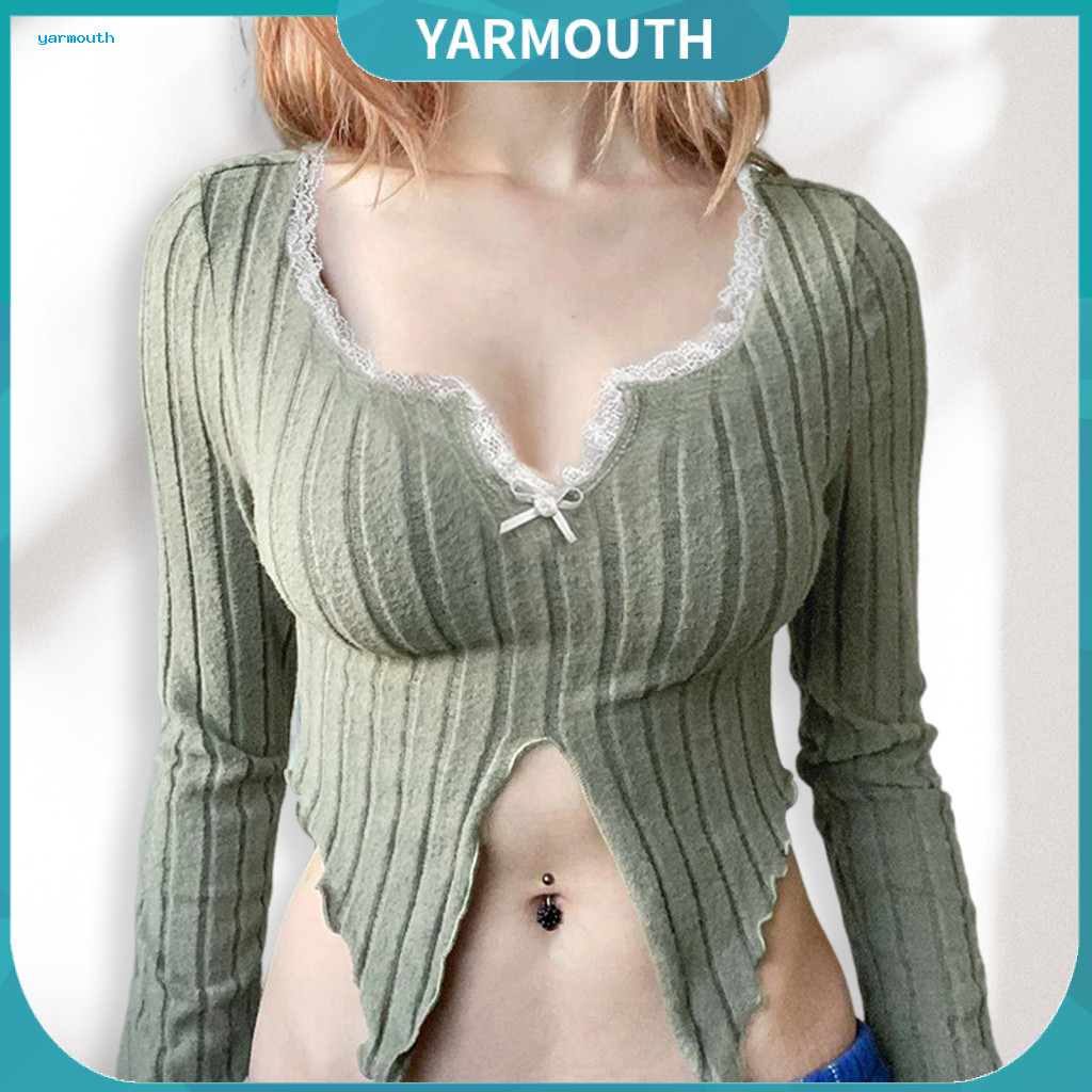 Blouse Women V-neck Lace Top Women’s Long Sleeve Pullover Irregular Hem Ribbed Slim Fit Cropped Solid Color Stylish Sh