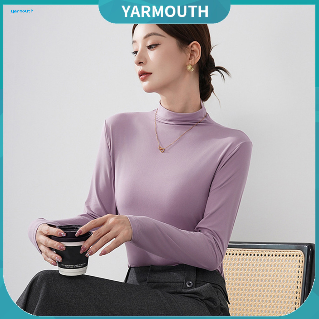 Slim Fit Pullover Tops Solid Color Long Sleeve Top Women’s Half High Collar Lightweight Stretchy Blouse for Everyday