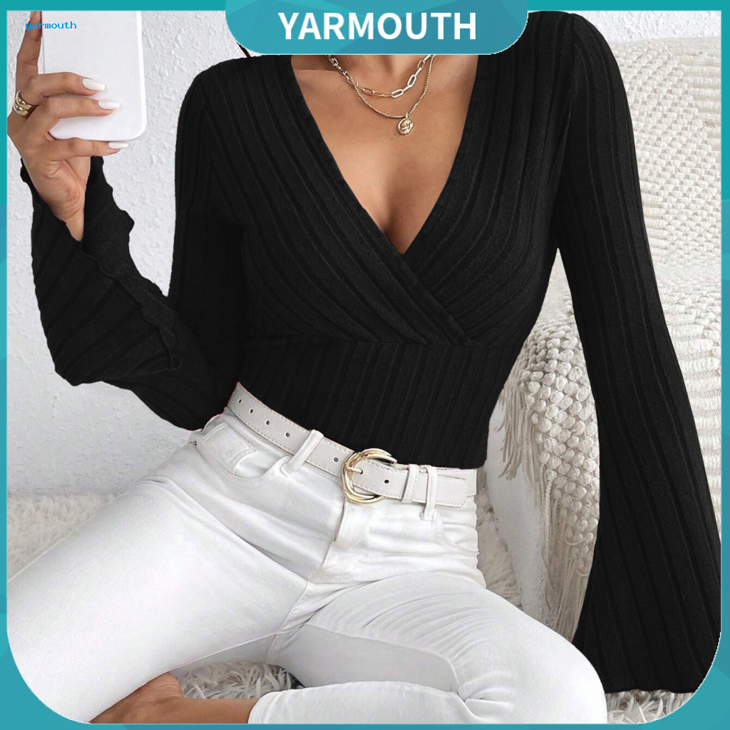 Slim Fit V-neck Top Flared Sleeve Women’s Knitted Long Blouse for Autumn Winter Solid Color Stylish Wear Comfortable f