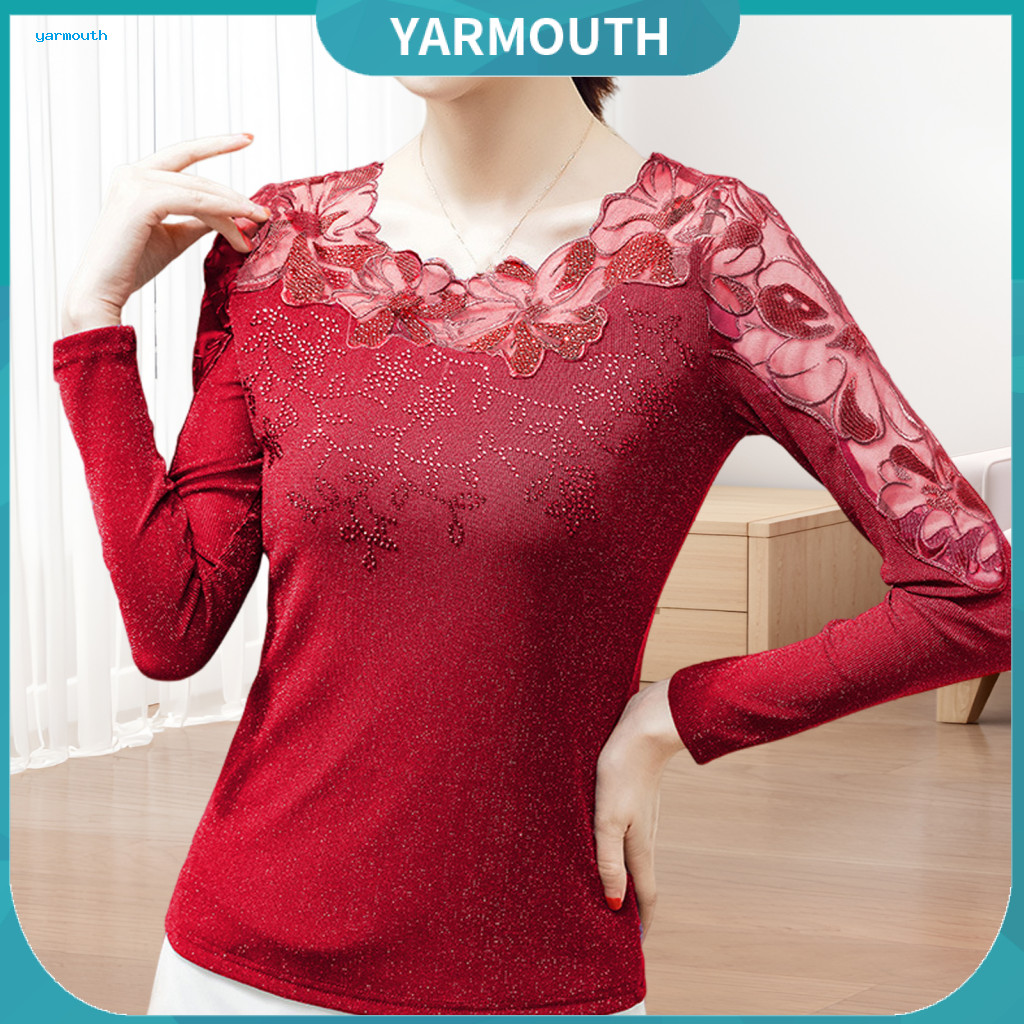 Women Top Soft Stretchy Blouse Women’s Round Neck Long Sleeve Mesh Lace Embroidery Slim Fit Pullover Solid Color Wear