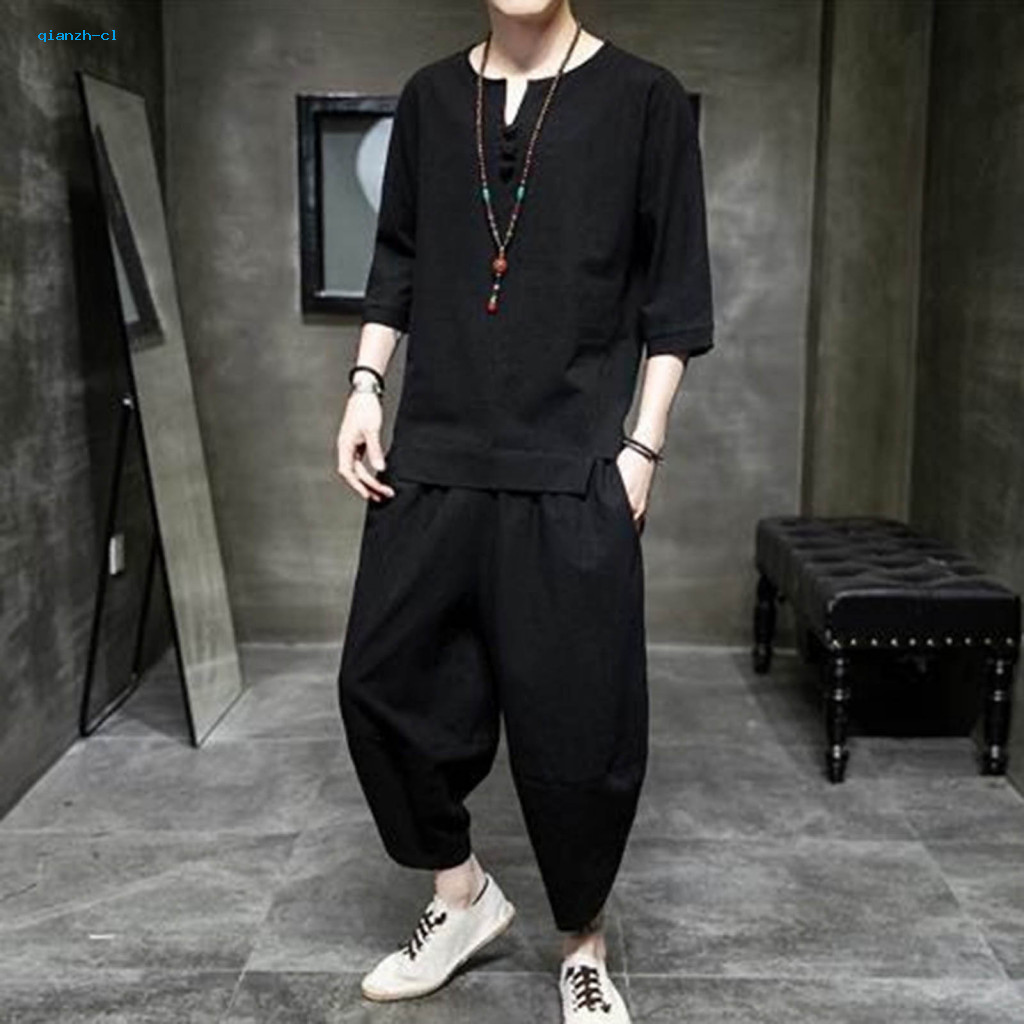 Men Outfit Chinese Style Two-piece Suit 2pcs Men’s Set – O-neck Disc Buckle Half Placket Top with 3/4 Sleeve Long Bl