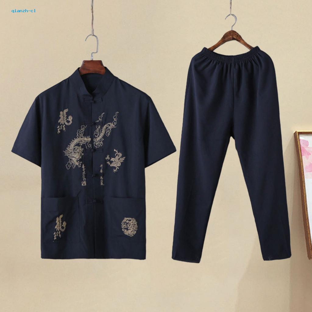 Single Breasted Tops Elastic Waist Long Pants Set Men Two-piece Suit 2pcs Men’s Chinese Style Dragon Pattern – Stand