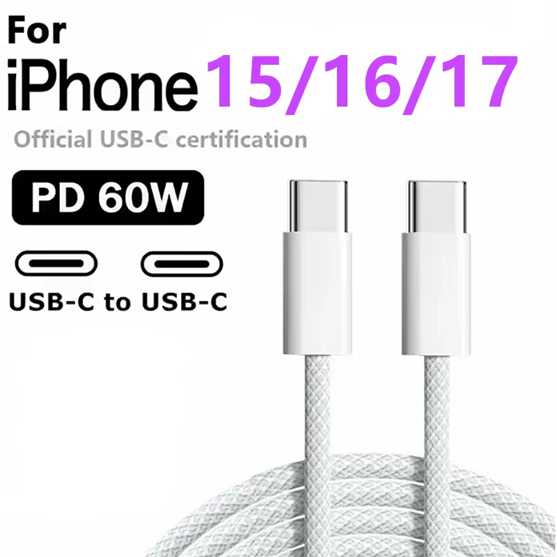 Cabo USB-C para Apple iPhone 17/16/15 Pro Max PD 60W carregamento rápido para acessórios de cabo tipo C da Samsung