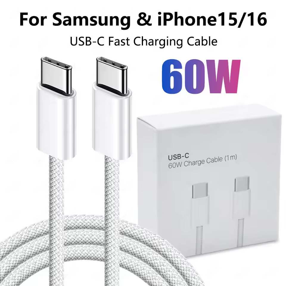 Cabo USB-C para Apple iPhone 15 16 17 Pro Max PD 60W de carregamento rápido para Samsung Tipo C cabo de tecido