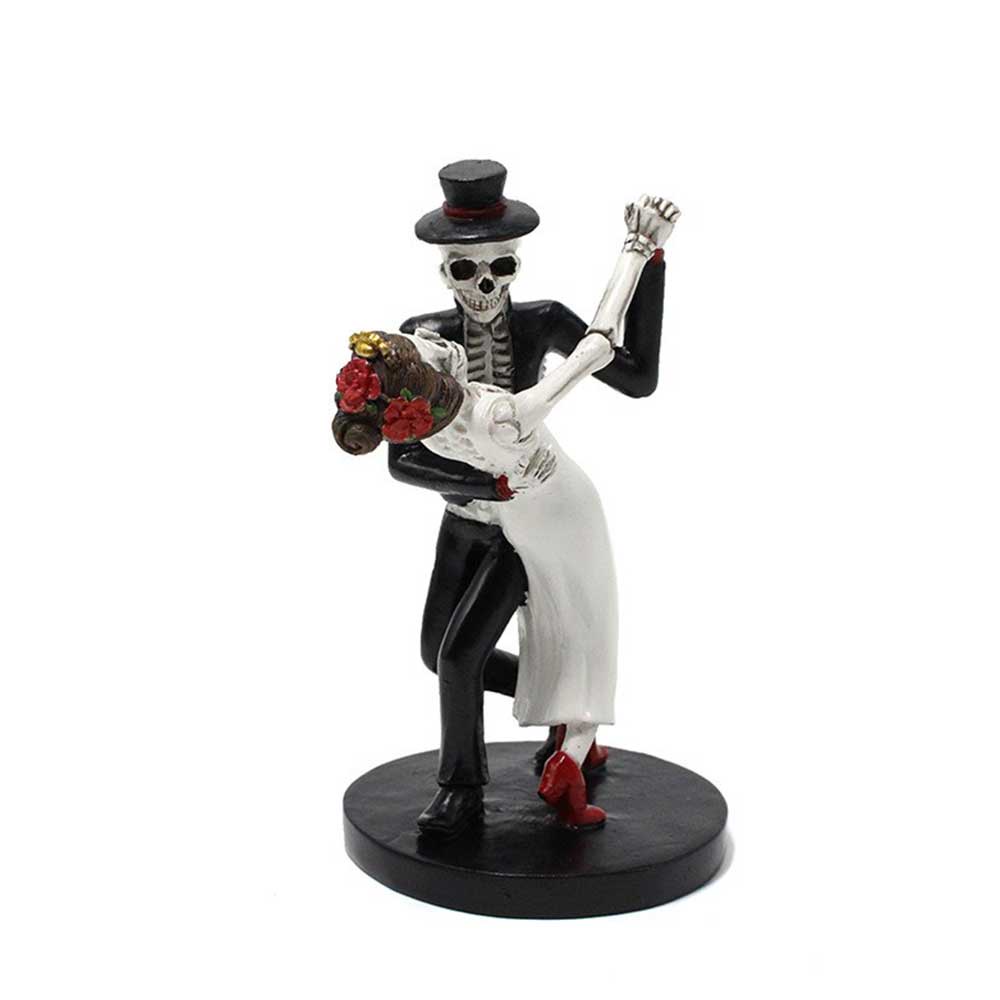 Halloween Skeleton Wedding Couple Figurine Dancing Skull Bride and Groom Resin Ornament