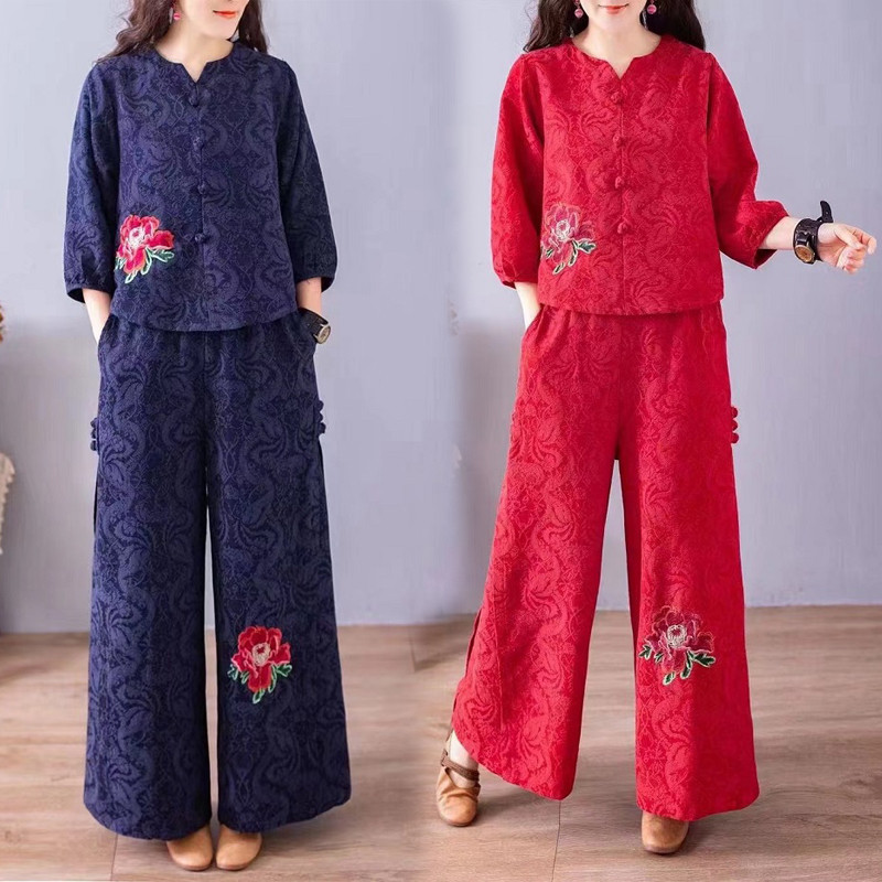 Spring new vintage suit, loose wide-leg ethnic style embroidered jacquard top, high-end cotton-linen buttoned two-piece