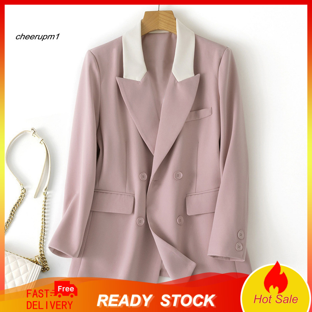 Suit Coat Women Jacket Women’s Double Breasted Blazer Notched Lapel Patchwork Color with Flap Pockets Loose Fit Long S