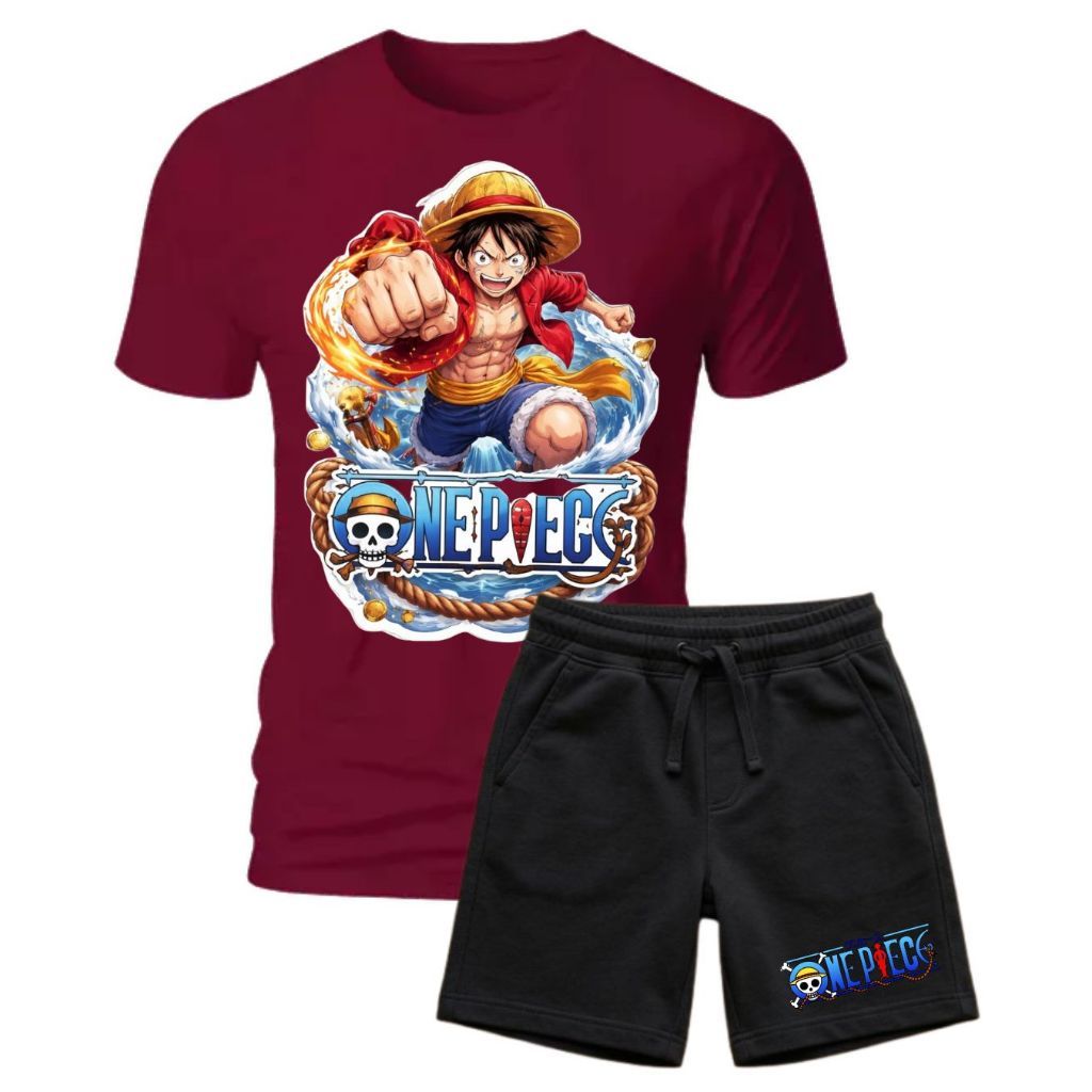 Conjunto Masculino Infantil Camiseta e Bermuda Moletom One Piece Anime Meninos