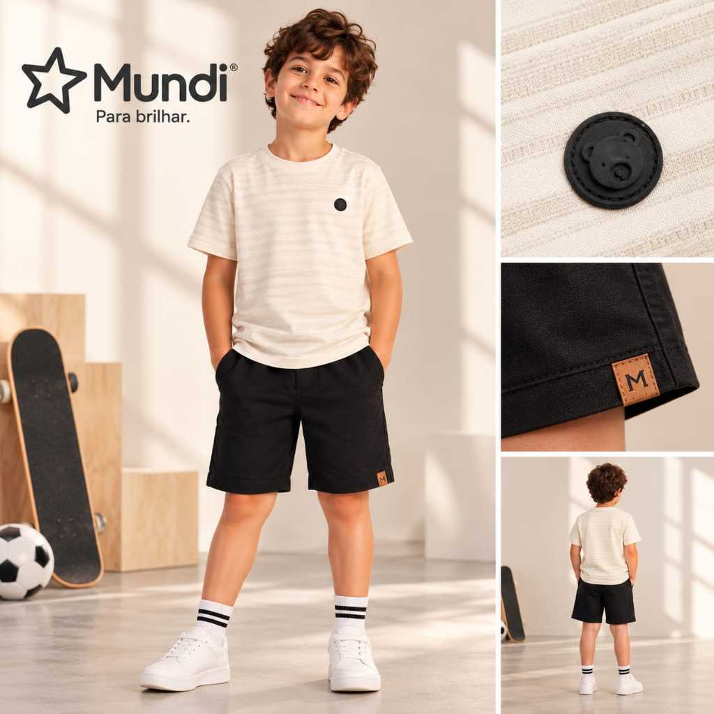 Conjunto Infantil menino de Camiseta Malha Stripe Twill / Bermuda Moletinho - Mundi Brandili - 1 a 8 anos