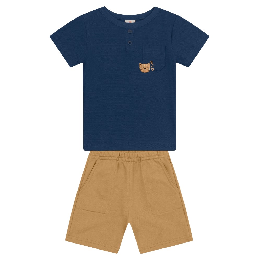 Conjunto infantil menino de Camiseta Malha Jacquard Stripe e Bermuda Moletinho BRANDILI