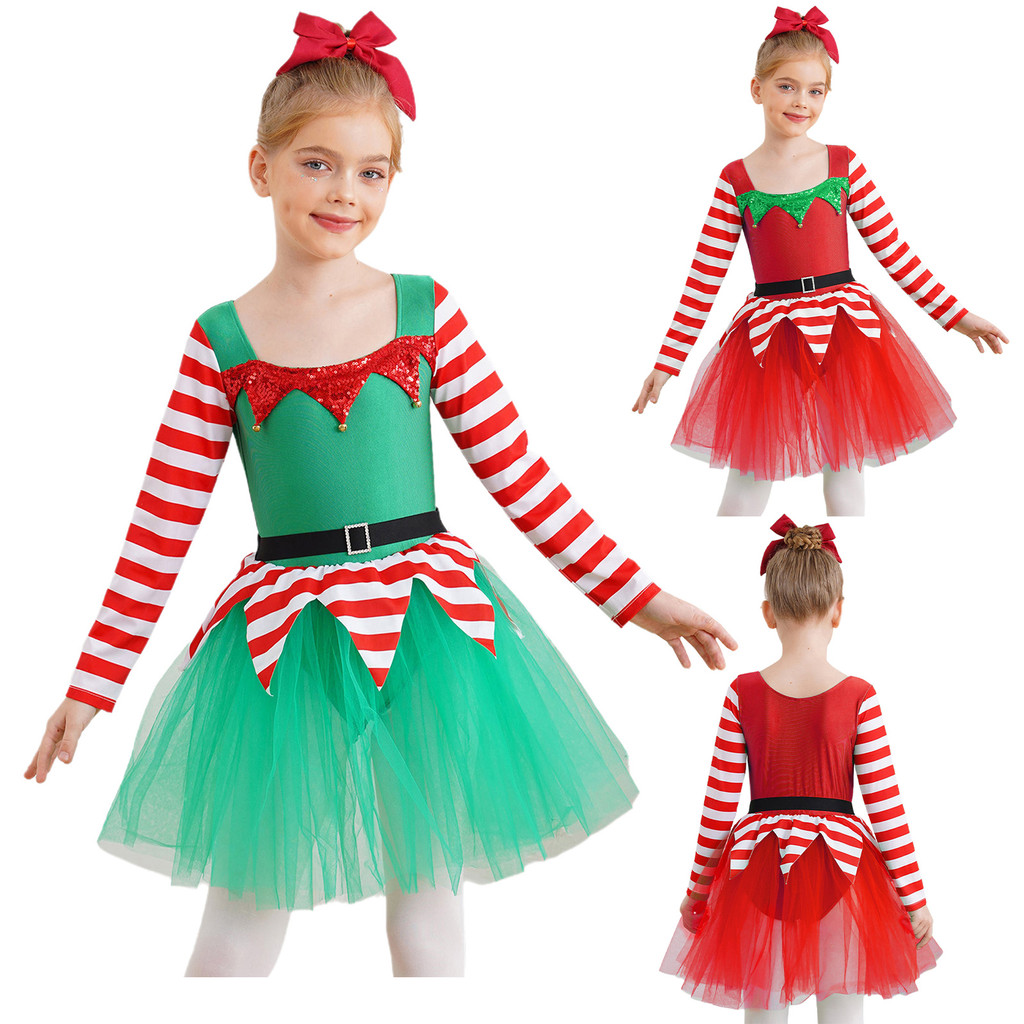 inhzoy Girl Christmas Elf Costume Kids Santa Little Helper Costume Christmas Elf Dress Suit Stripes Tutu Dress Bodysuit