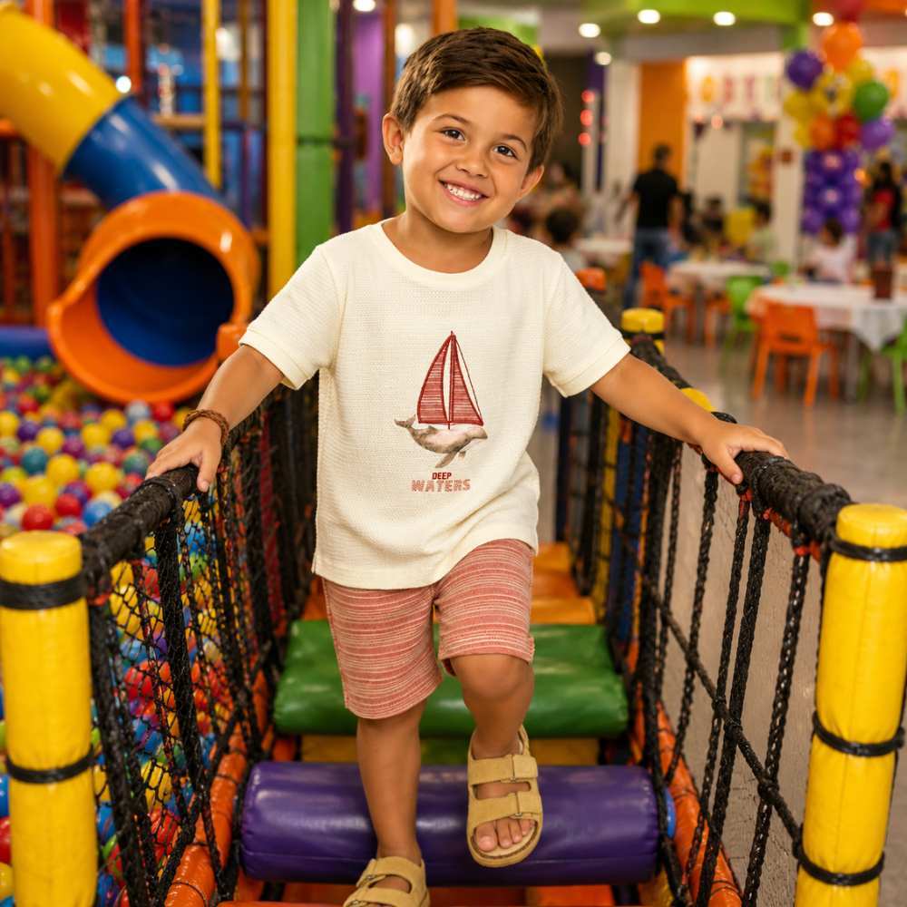 Conjunto Infantil Menino Angerô Camiseta Algodão Barco e Bermuda Stripe Off/Vermelho
