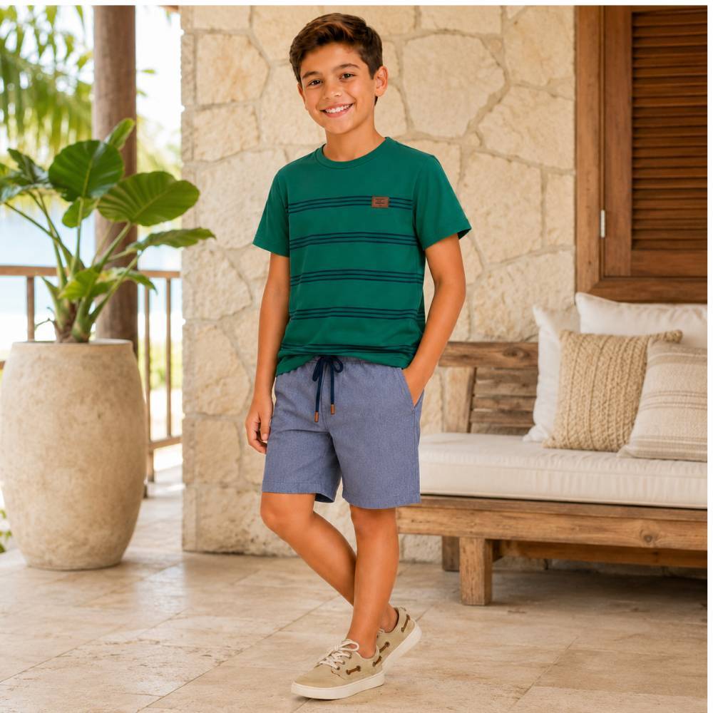 Conjunto Menino Divertto Camiseta Algodão c/ Listras e Bermuda Microfibra Stripe