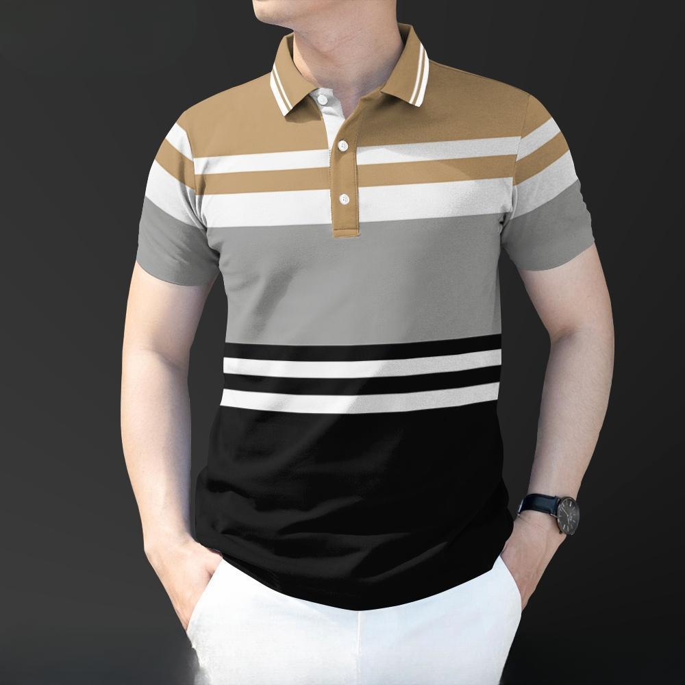Camisa Polo Masculina Listrada De Manga Curta Com Gola Virada Para Baixo E Carcela De Botão Slim Fit Business Casual Top