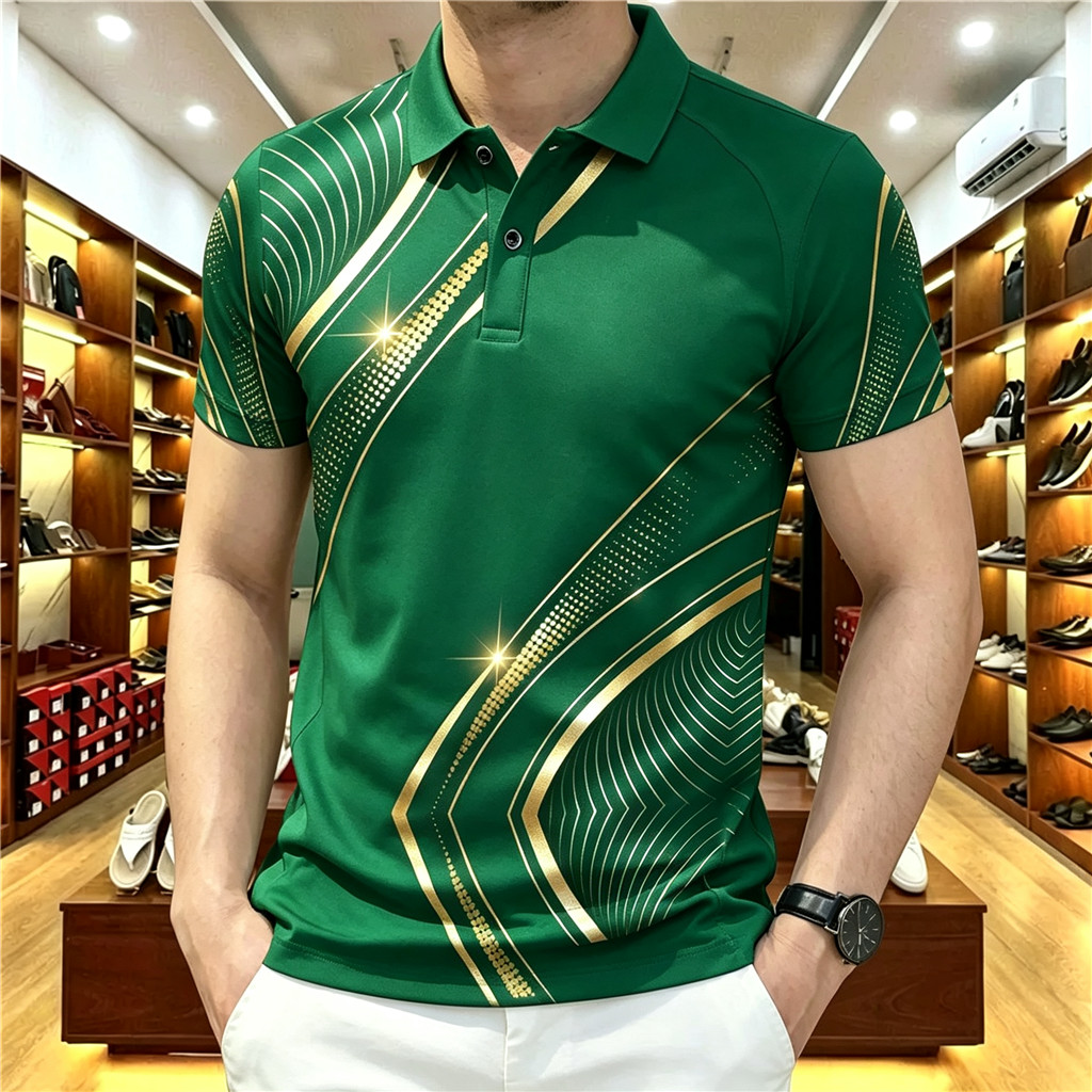 Polo Masculino De Manga Curta Camisa De Secagem Rápida Business Casual Striped Print Top Para Uso Diário