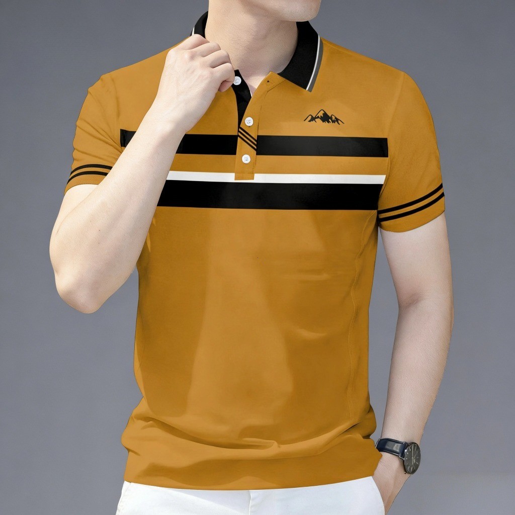 2026 Camisa Polo Masculina Amarela Casual Business Listrada Manga Curta Confortável Respirável Desgaste Diário