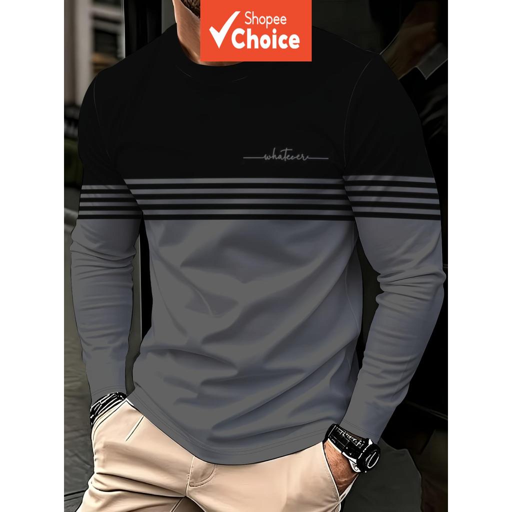 Camiseta masculina de manga longa, design minimalista, estilo business casual, com listras horizontais em contraste