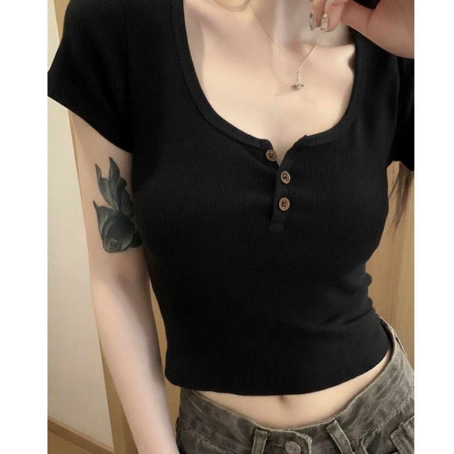 Blusa Slim Fit Manga Curta Feminino Com Botão Básica