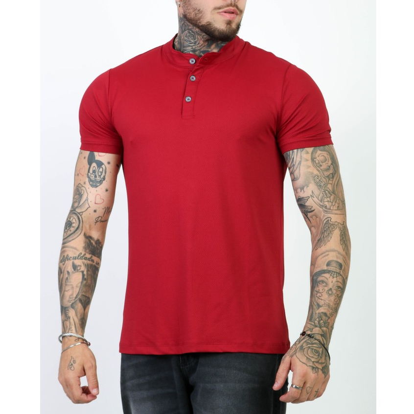 Camiseta Henley Gola Padre Vermelha Suedine Slim Fit Premium Masculina 3 Botões Casual Festas