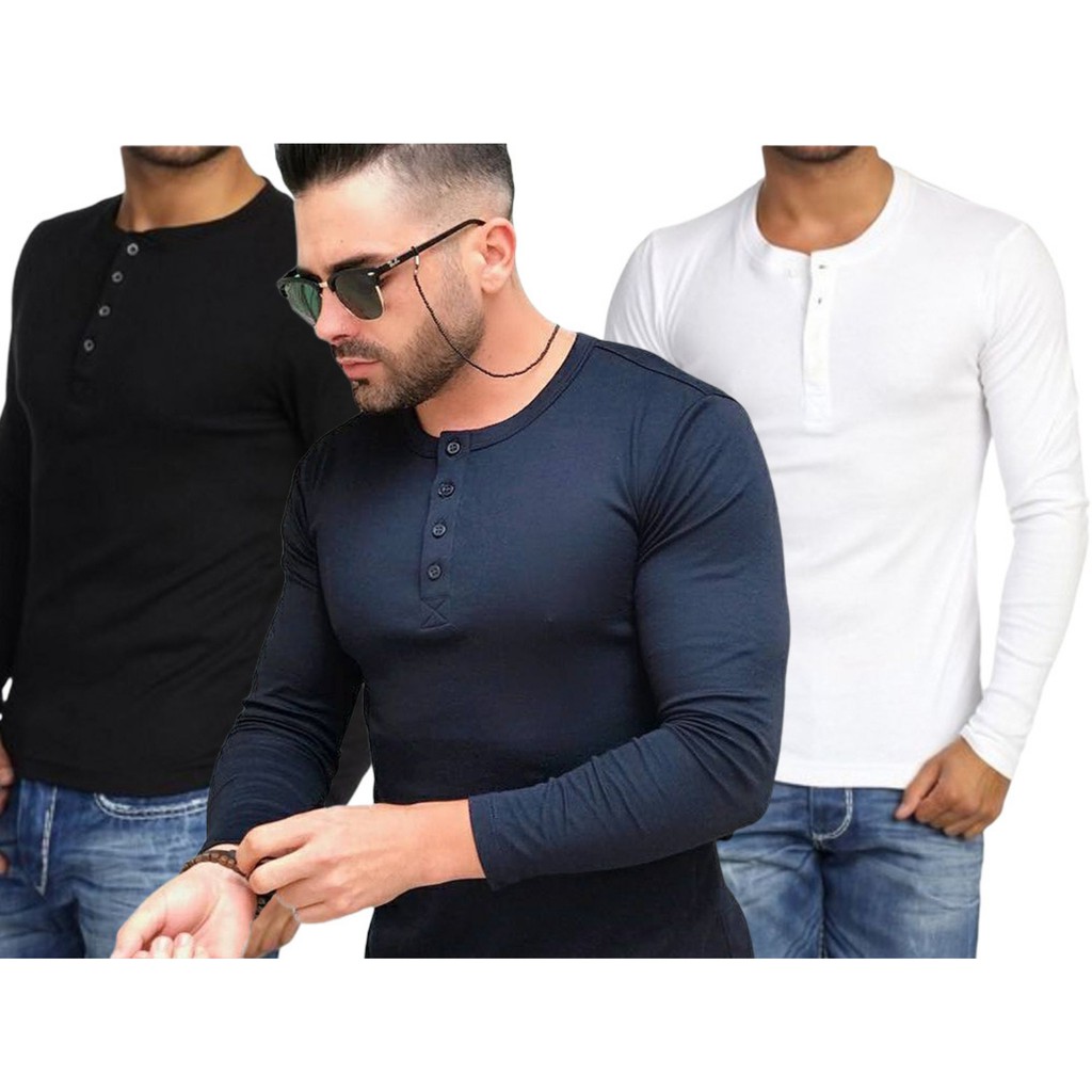 KIT COM 3 Camisetas Henley J Silver Slim Fit Manga Longa 4 Botões