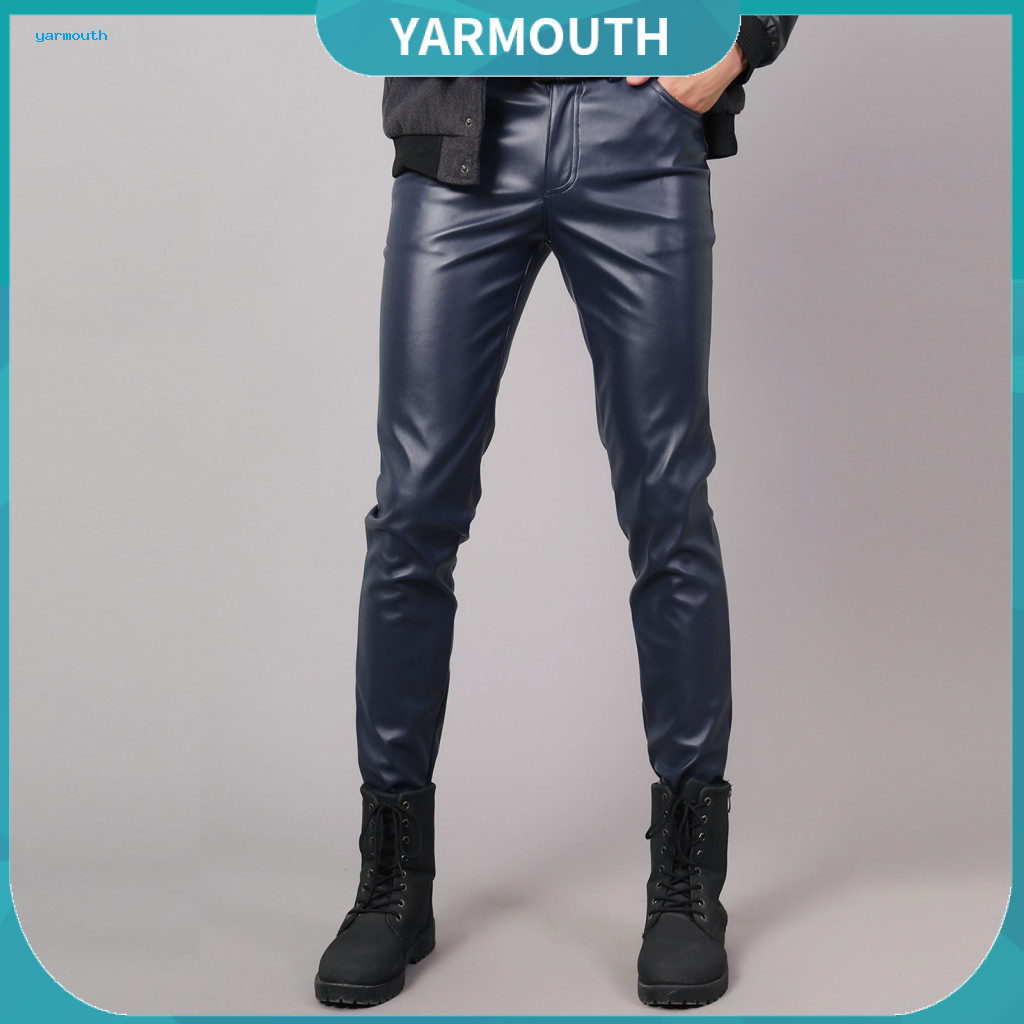 Men Slim Fit Bottoms Zipper and Button Placket Pants Men's Faux Leather Mid Waist Waterproof Hip Hop Streetwear Trousers