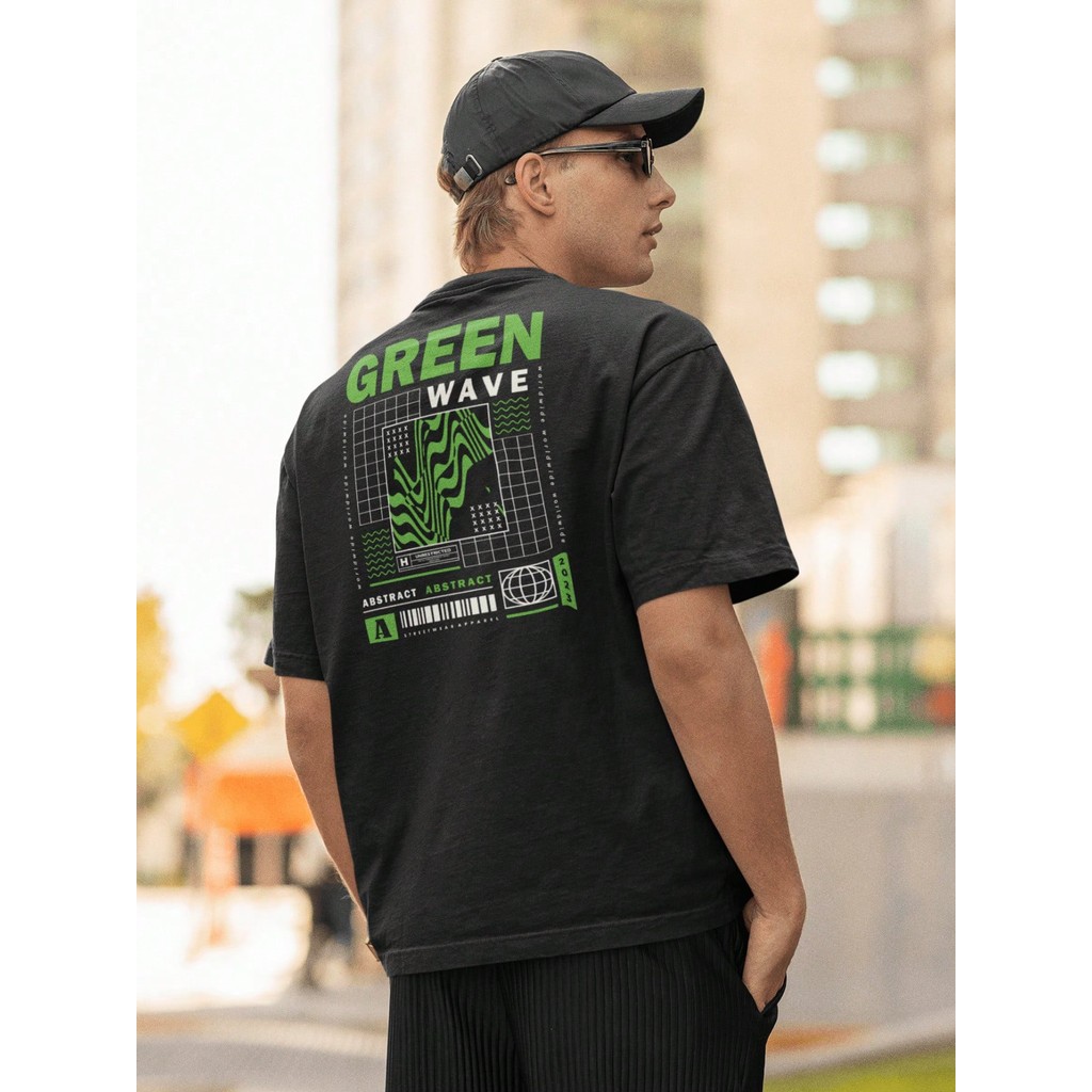 Camisa Camiseta Oversized Gola Alta Streetwear Masculino e Feminino 100% Algodão Preto e Off Whte Estampado - GREEN WAVE
