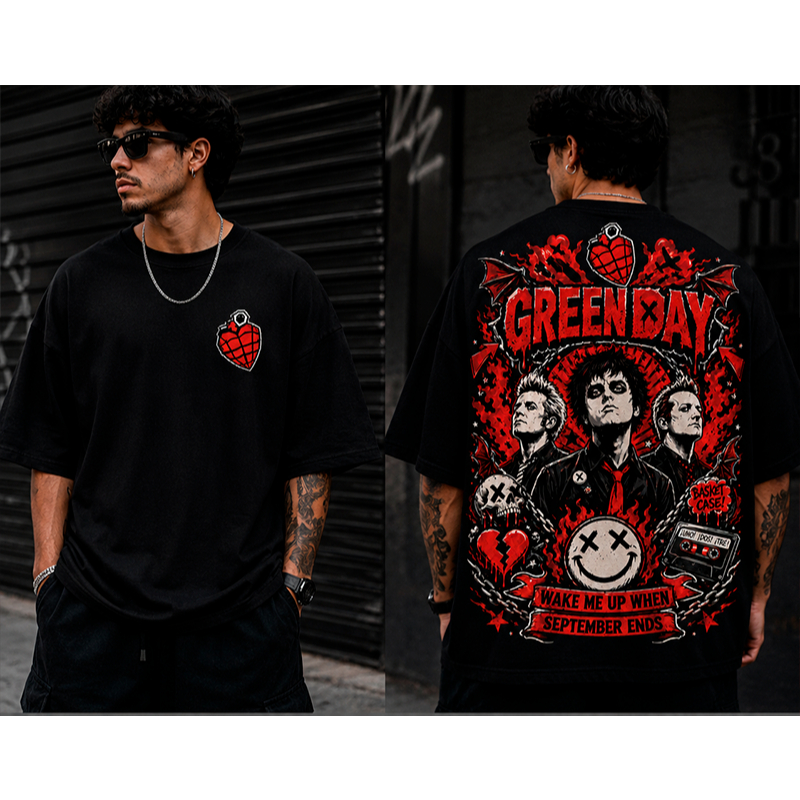 Camiseta Green Day Oversized Preta Estampada