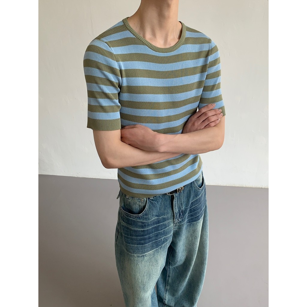 Quan Yi Green Tree Shade Verão Preguiçoso Formal Ombro Listras de Malha Manga Curta Contraste Cor Slim-fit Camiseta Curt