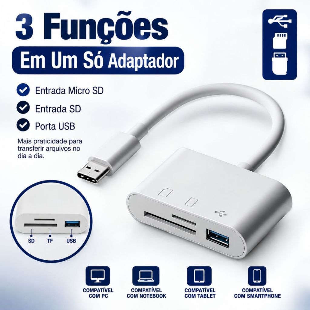 Leitor Cartão USB C 3 Em 1 OTG SD Micro SD Adaptador Para Celular Notebook Câmera