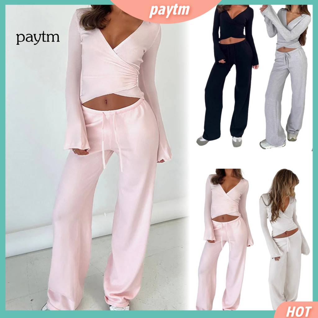 Women Two Piece Sets Solid Color Lounge Outfits Women’s 2-piece Set – V Neck Slim Fit Sweatshirt High Waisted Wide L