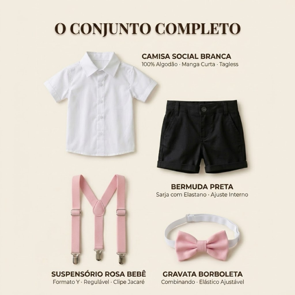 Conjunto Social Menino Festa Aniversário Casamento Pajem 4 Peças Camisa Bermuda Suspensório Gravata
