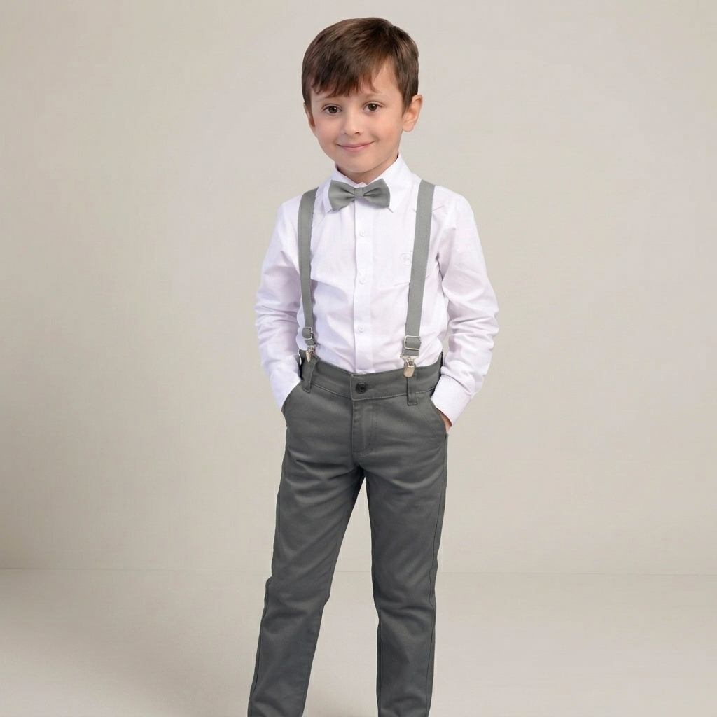 Conjunto Social Menino Cinza Chumbo Batizado Casamento Camisa Calça Suspensório Gravata Pajem Festa Infantil