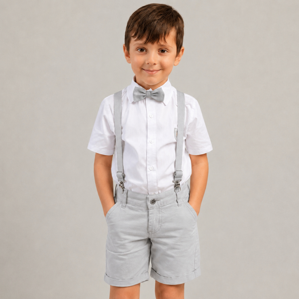 Conjunto Pajem Menino Bebê Cinza Batizado Casamento Festa Camisa Branca Bermuda Suspensório Gravata Social