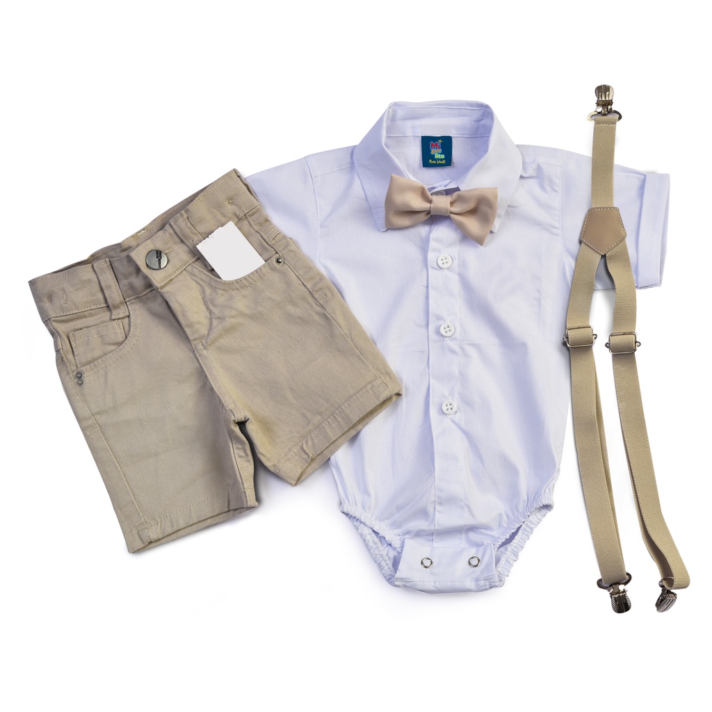 Roupa Bege De Batizado Manga Curta E Bermuda Menino Infantil Bebê Casamento Festa Envio
