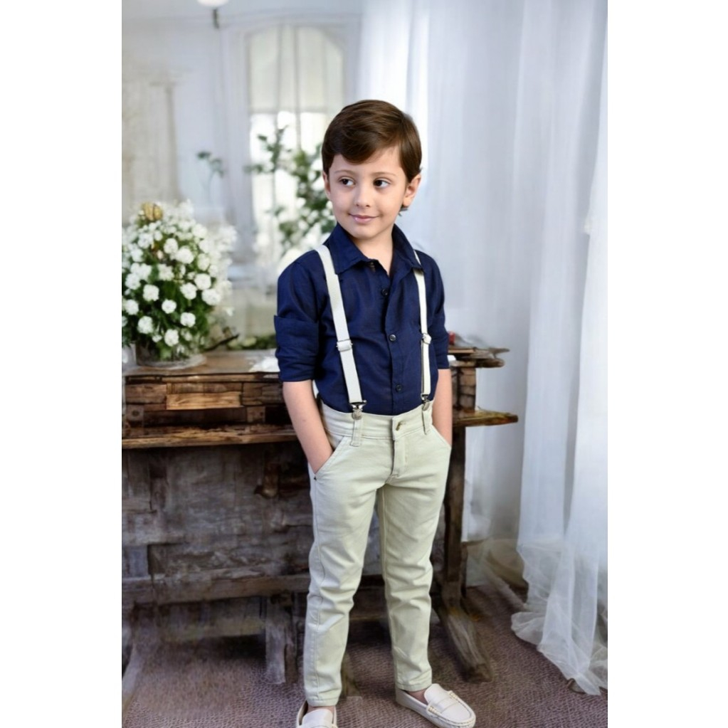 Conjunto Social Infantil Juvenil Para Casamento Pajem Presente Batizado Azul Marinho E Bege