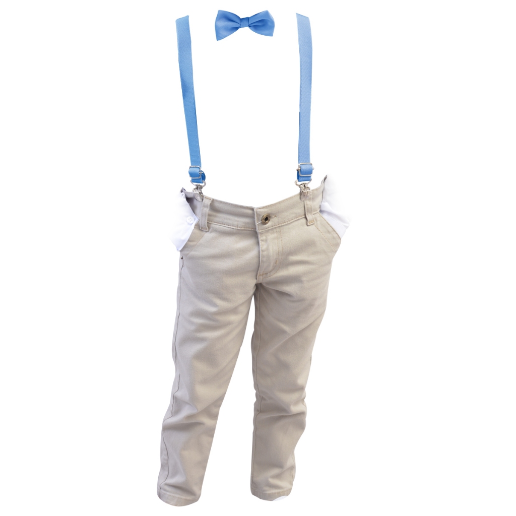 Kit De Calça Bege + Gravata e Suspensório Juvenil Para Casamento Batizado Eventos e Igreja Pagens