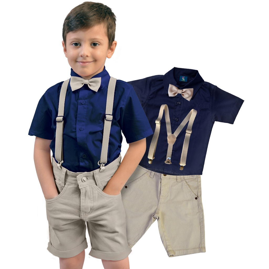 Roupa Social Infantil Masculino Azul Marinho e Bege Manga Curta Verão Conjunto Casamento Pagem