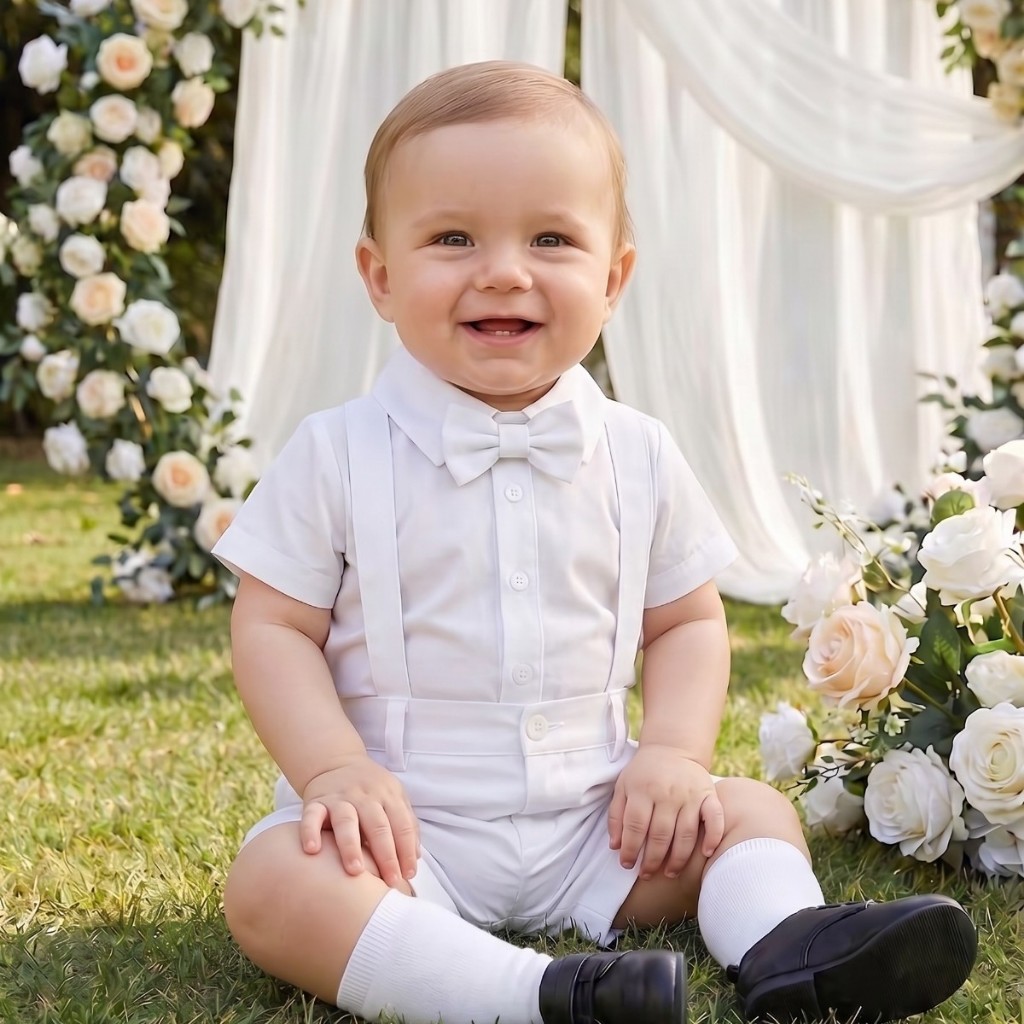 Conjunto Batizado Bebê Branco Roupa Social Pajem Suspensório - P ao 3