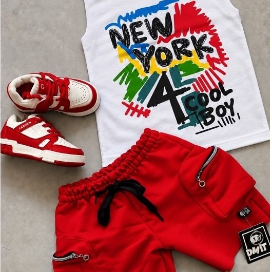 Conjunto Infantil Masculino Verão Regata Bermuda Cargo Streetwear | 2pcs Regata branca ny+ falcon