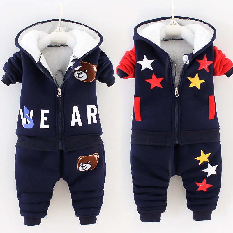 Conjuntos De Roupas De Inverno Espessas Outono Baby Plus Veludo Quentes Kids Hooded Coats + Pants 2Pcs