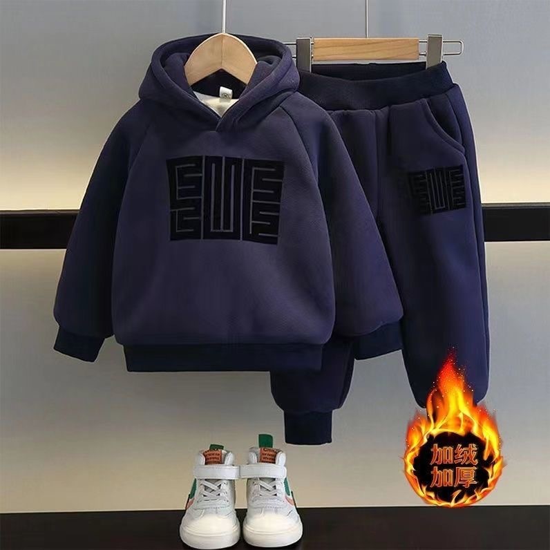 Conjuntos De Roupas Quentes Para Inverno Outono Kids Plus Velvet Padded Hoodie + Pants 2Pcs Fatos De Camisola Crianças