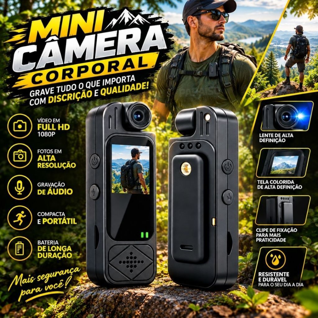 Câmera de Ação Full HD Body Cam 1080p Esportiva de Desporto 180º Filmadora Gravador Portátil Esportes Á Prova d'Água